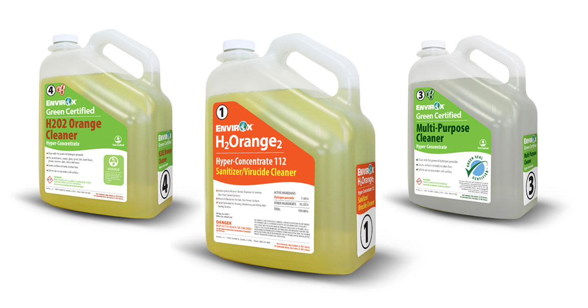 Product Images - H202 Orange Cleaner, H2Orange2 Hyper Concentrate 112 and Green Certified Multi-Purpose Cleaner